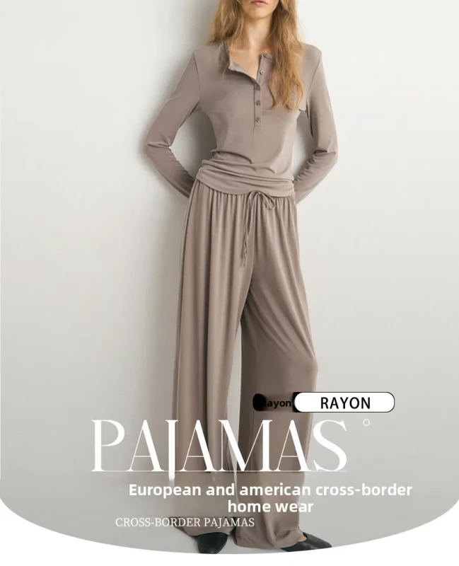 Soft Modal Rayon Blend Women's Pajama Set Elastic Waist Long Sleeve Top Drawstring Wide Leg Pants Breathable Spring Loungewear