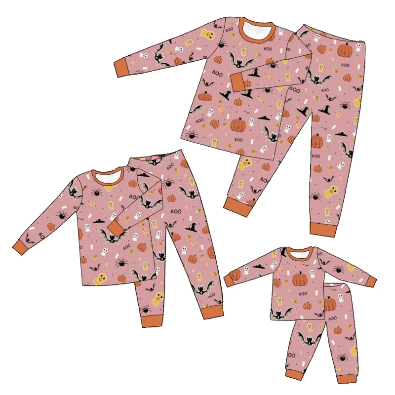 Soft Stretch Parent-Child Pajamas: 95%Bamboo-5%Spandex, Halloween Print, Long-Sleeve for Autumn/Winter & Daily