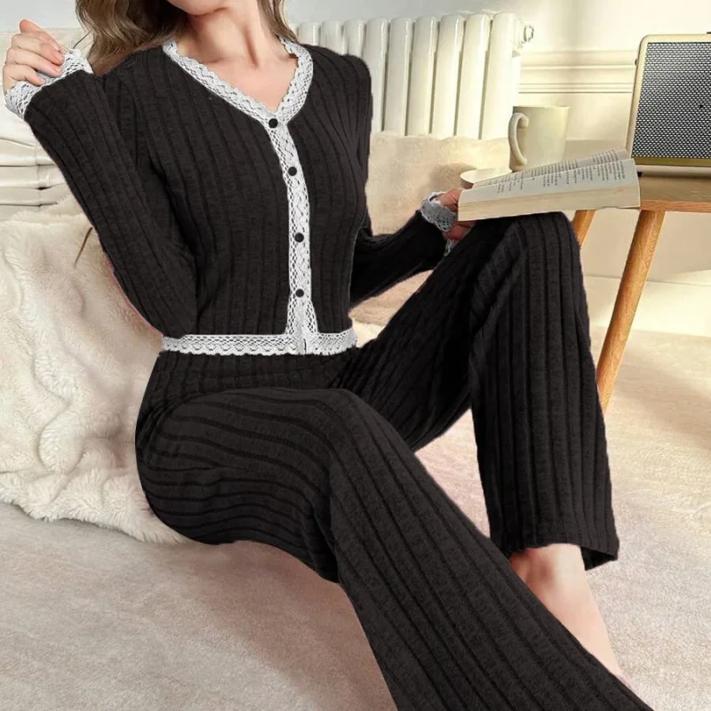 Soft Touch Elegant Casual Women's Pajama Set Breathable Elastic Waist Long Sleeve Rib Knit Design Front Logo for Home Loungewear