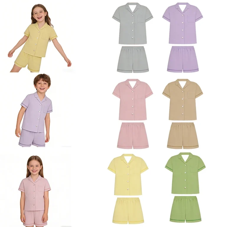 Solid-Color-Cotton-Boys-Girls-Print-Two-Piece-Sleepwear-Short-Sleeve-Trousers-Shorts-Pajamas-Set-Children-Kids-Home-Wear
