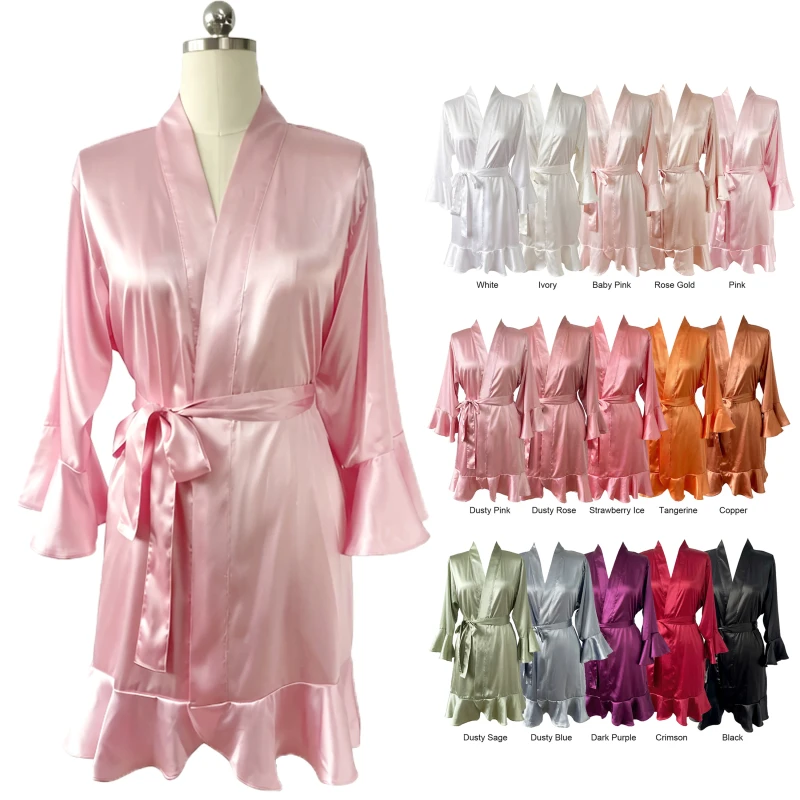 Solid Wedding Silk Satin Ruffle Robe Bridesmaid Plus Size Bathrobe Gown