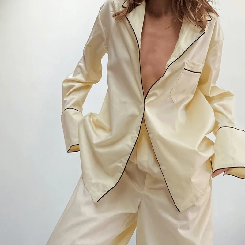Solid Women's Long Sleeve All Season Pajama Set Quick Dry 2 Piece Lounge Suit Factory Nightwear With Piping