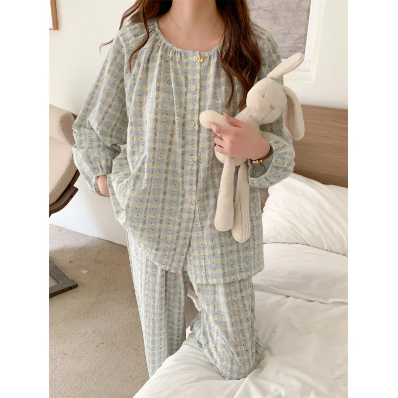 South Korea ins New Style Women's Pajamas Korean Style Plaid Floral Simple Comfortable Set Casual Loose Home
