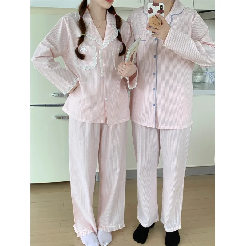 South Korea ins Simple Comfortable Pajama Set with Lace Trim and Striped Casual Loungewear