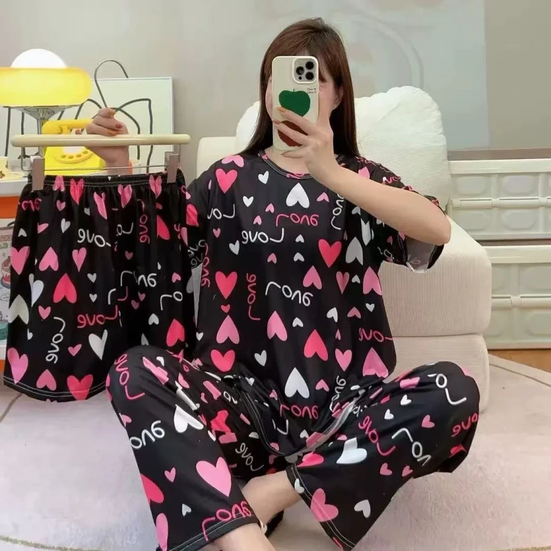 Southeast Asia Breathable Antibacterial Women's Summer Three piece Set Pajamas Thin Short sleeved Shorts Long Pants