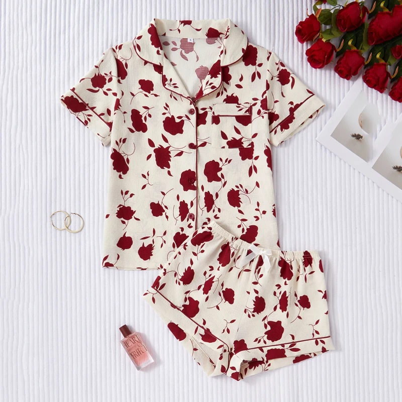 Spander Polyester Pyjamas Sleepwear Women's Pajamas Custom Adult Watermark Print Pajama Set