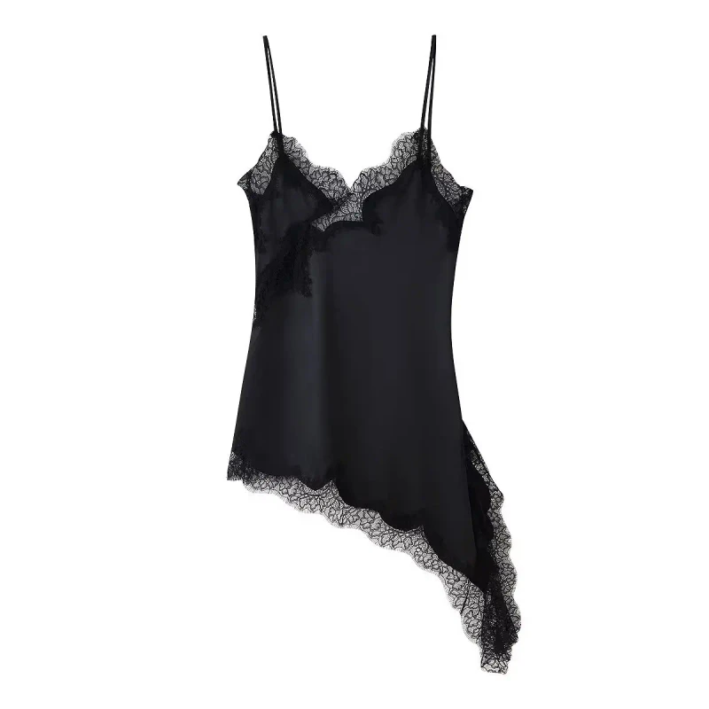 Spot New Women Sexy Pajamas Smooth Lace Camisole Irregular Hem Nightdress Women Elegant Sleepwear