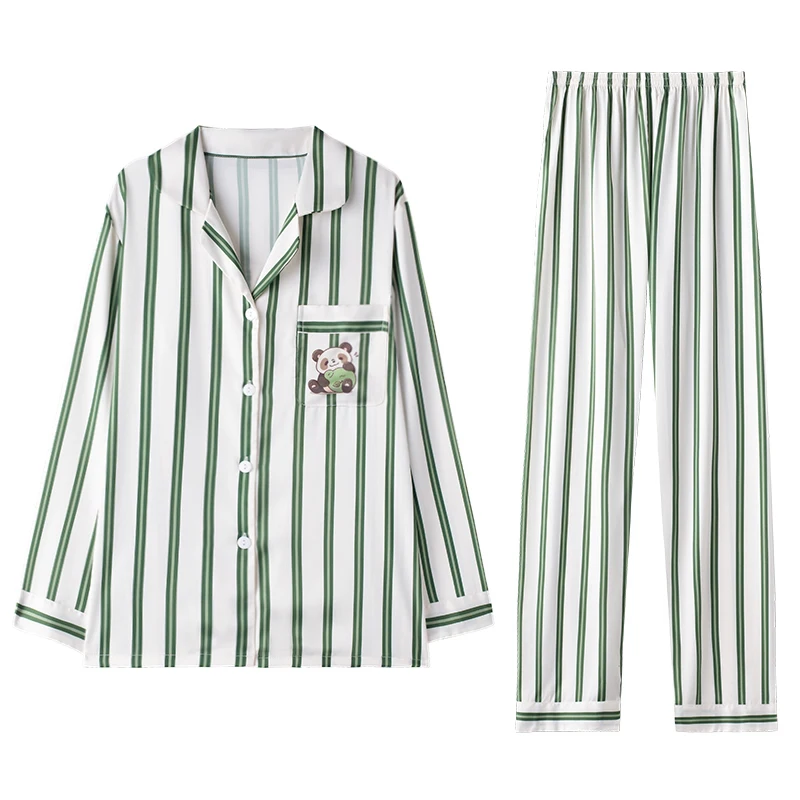 Spring Autumn Bamboo Grove Style Animal Print Satin Loose Casual Men's Women's Sleepwear Long Sleeve Couple Quick Dry Breathable