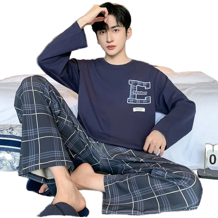 Spring Autumn Casual Men's Knitted 100% Polyester Solid Pajamas Long Sleeves Loose Fit Quick Dry