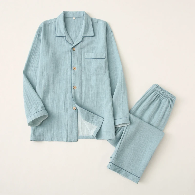 Spring Autumn Cotton Double layer Gauze Crepe Japanese Style Simple Breathable Comfort Men's Pajamas Set Home Clothes Sleepwear