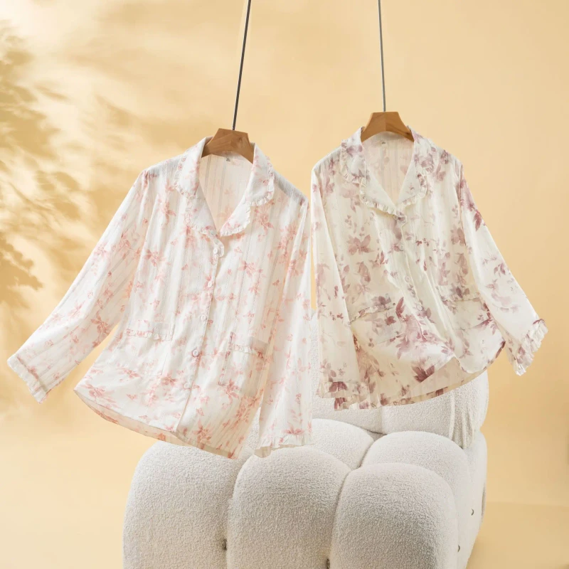 Spring Autumn Cotton Gauze Women's Pajamas Cardigan Long Sleeved Full Length Trousers Soft Breathable Elastic Waist