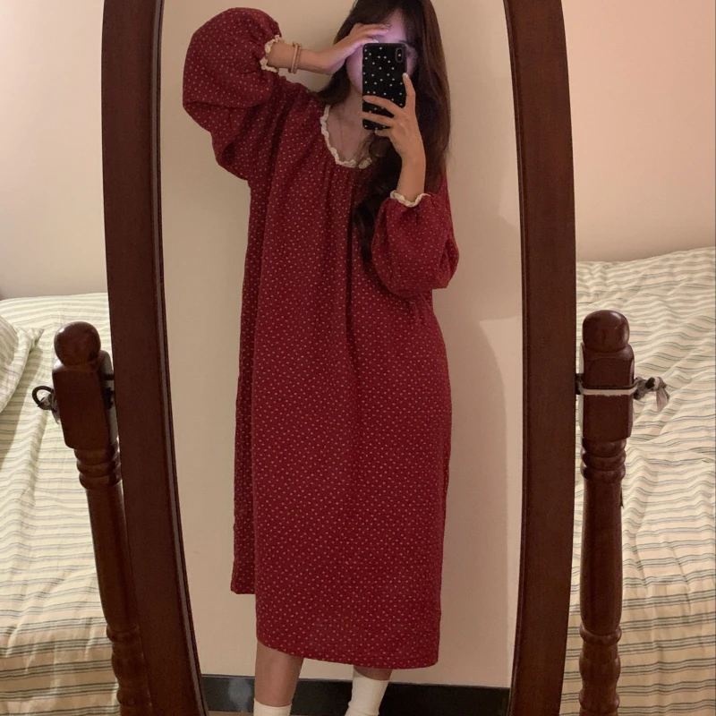 Spring Autumn Cotton Long Sleeve Small Floral Print Vintage Lace Trim Nightdress