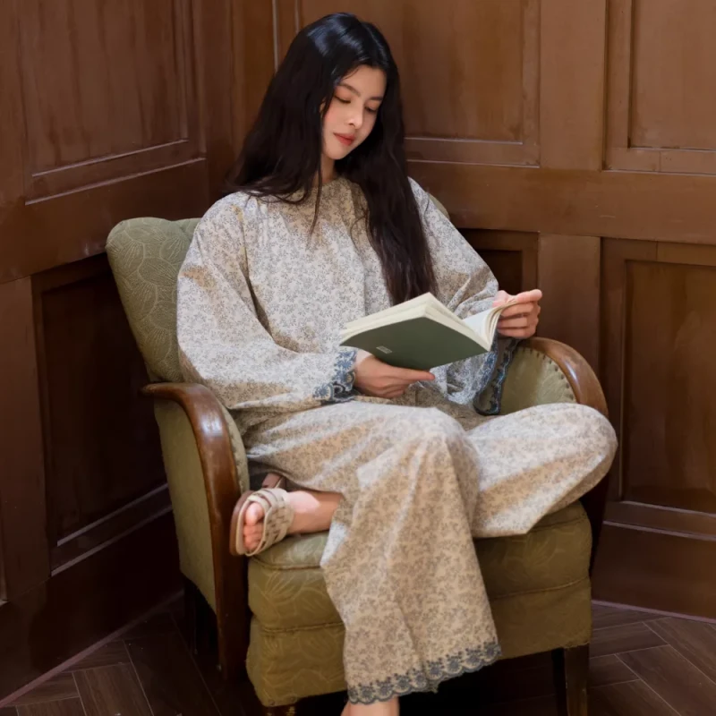 Spring Autumn Elegant Round neck Women's Pajamas Pure Cotton Soft Breathable Elastic Waist Long sleeved Home Set