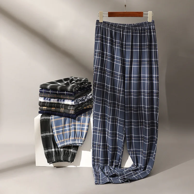 Spring Autumn Men's Pajama Pants Plaid Pants Trousers Knitted Cotton Polyester Loose Plus Size Men's Home Sleep Bottoms