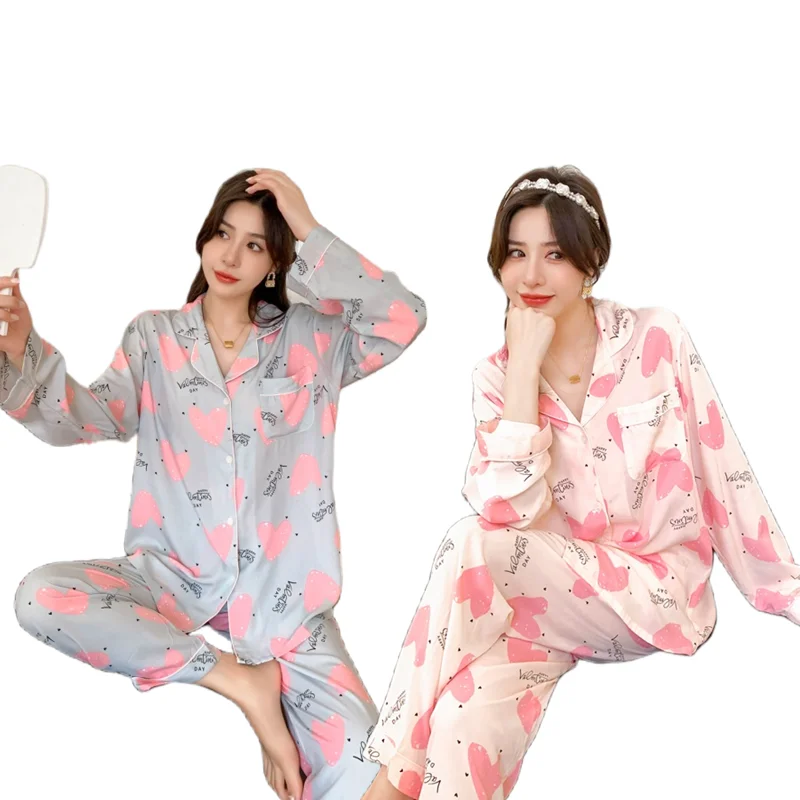 Spring Autumn Nighty Designs Rayon Sleepwear Long-sleeved Trousers Women's Pajamas Lovely Girl Home Set