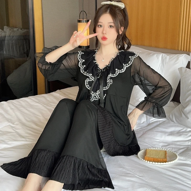 Spring Autumn Pajama Sets Lace Collar Sweet Girl Nightdress Sexy Women Home Clothes Custom Woman in Pajamas