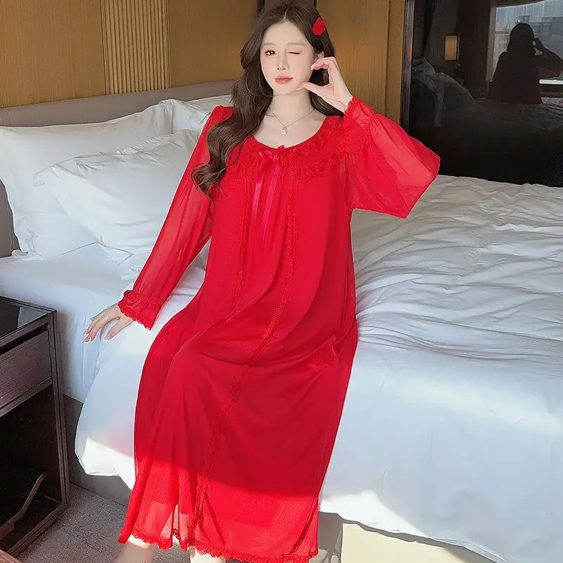 Spring Autumn Pijamas Sweet Mesh Nightdress French Style Pajamas Set Lace Trim Soft Elegant Sleepwear for Women