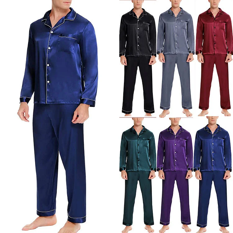Spring Autumn Satin Men's Pajamas Washable Silk Pajamas Men Long Sleeve Button up Set Christmas Pajamas Silk