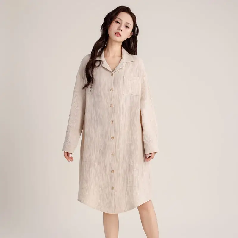 Spring Autumn Summer Casual Long Sleeve Women's Nightgown Double Crepe Breathable Cotton Nightdress