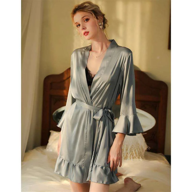 Spring Autumn Summer Sleepwear Lady Bridesmaid V-neck Knee-Length Long Sleeves Robes Solid Color Sexy Nightgown