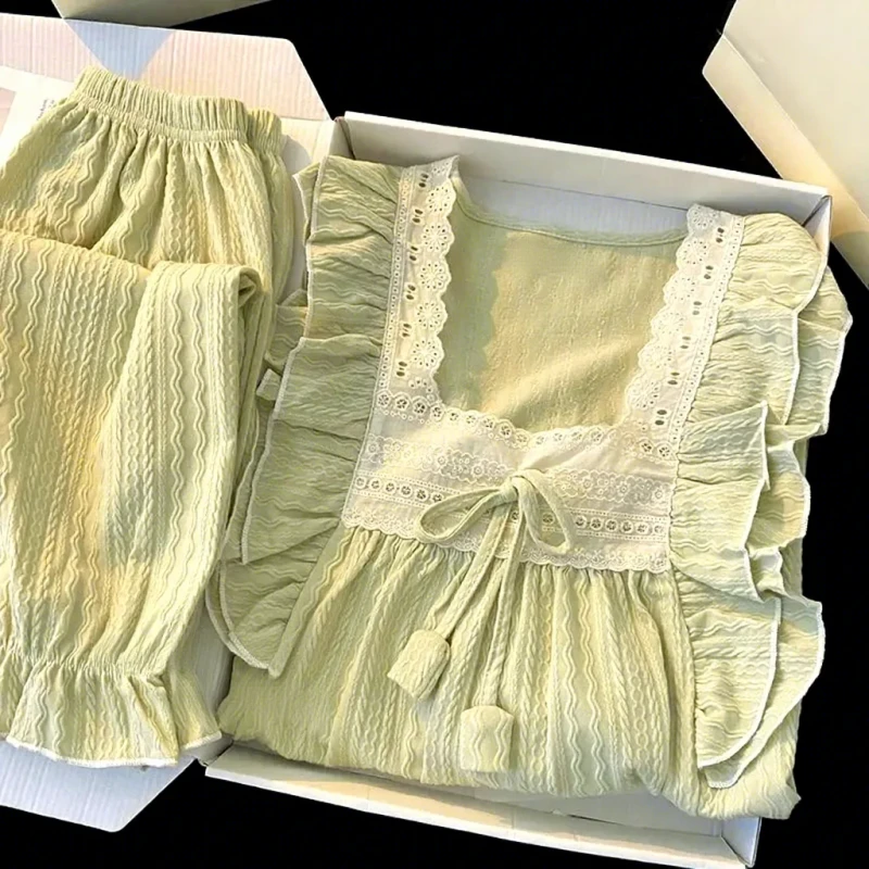 Spring Autumn Women Pijamas Elegant Lace Trim Sleepwear with Chest Cushion Cotton Sweet Princess Wind Nightdress Suit