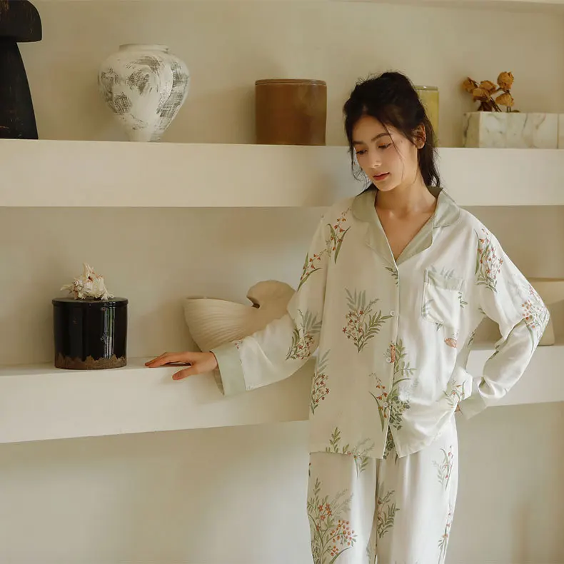 Spring Autumn Women's Bamboo Fiber Pajama Set Printed Long Sleeve Loungewear Comfortable Breathable Two Piece Sleepwear