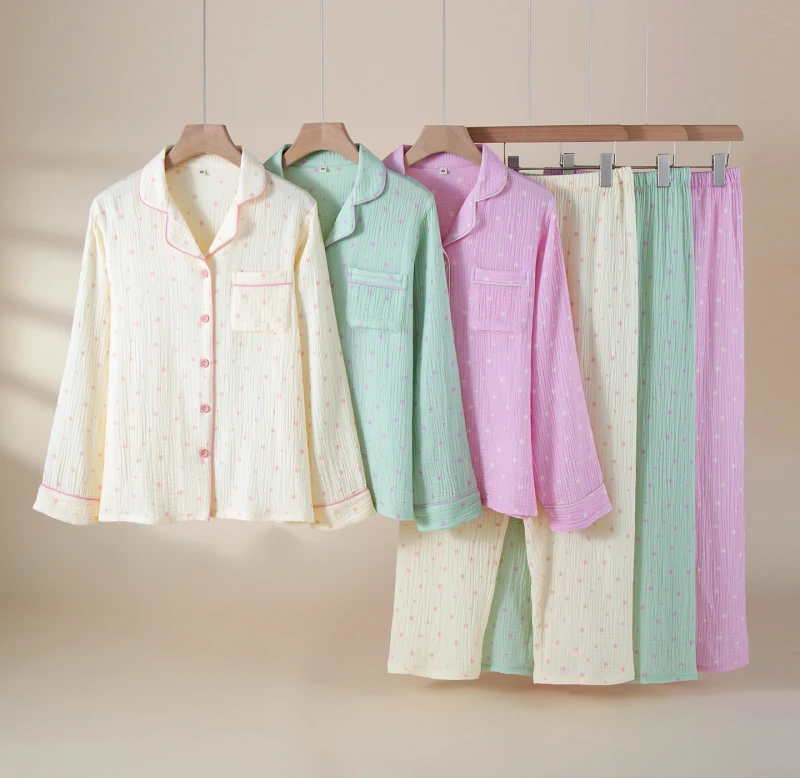 Spring Fall Style Women's Pajamas 100% Cotton Crepe Fabric Skin Friendly Breathable Turn down Collar Pajama Set