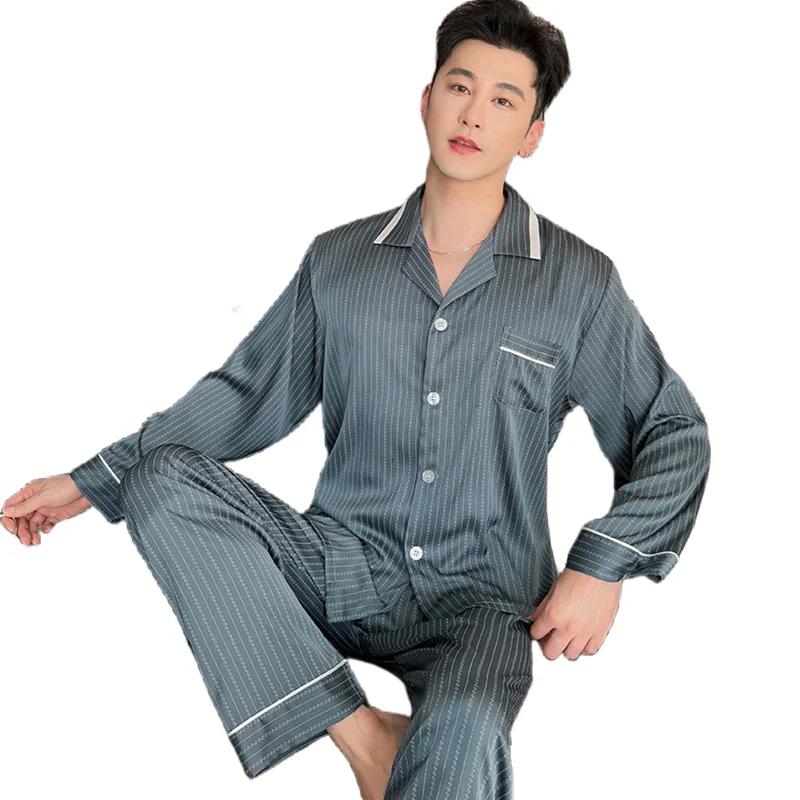 Spring New Long Sleeve Long Pants Men's Striped Pajamas Plus Size Ice Silk Sleepwear Casual Lapel Button Home Wear