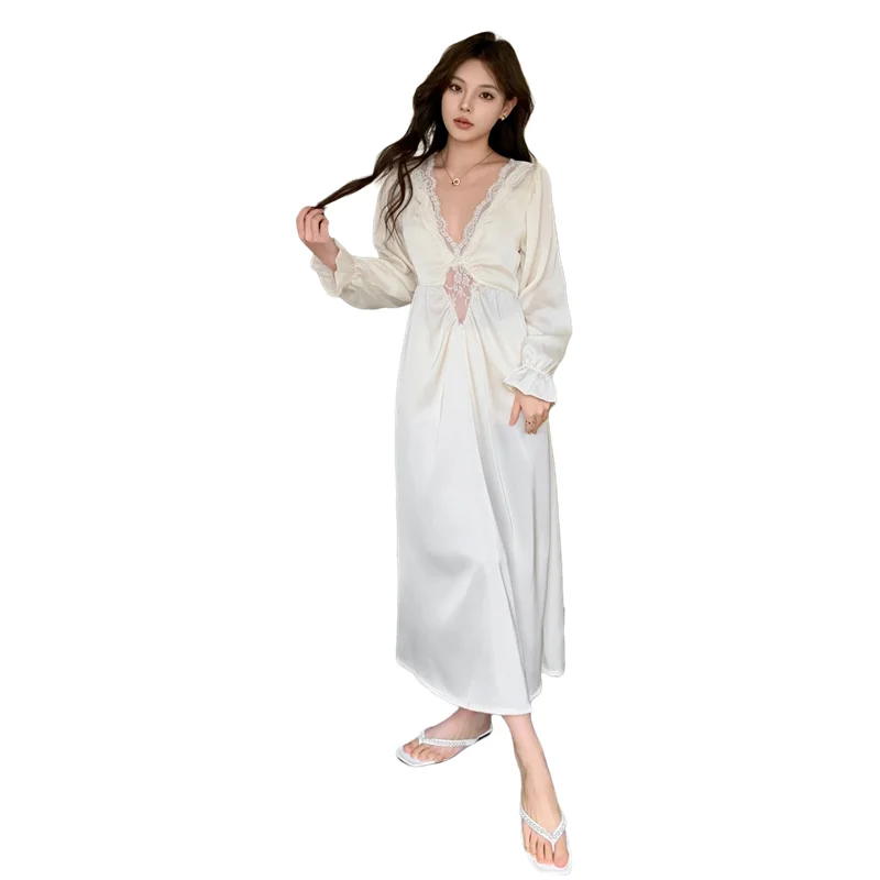 Spring Summer Autumn Elegant Long Sleeve V Neck Sexy Lace Breathable Pure Color Satin Women's Nightdress Pajamas Sleepwear