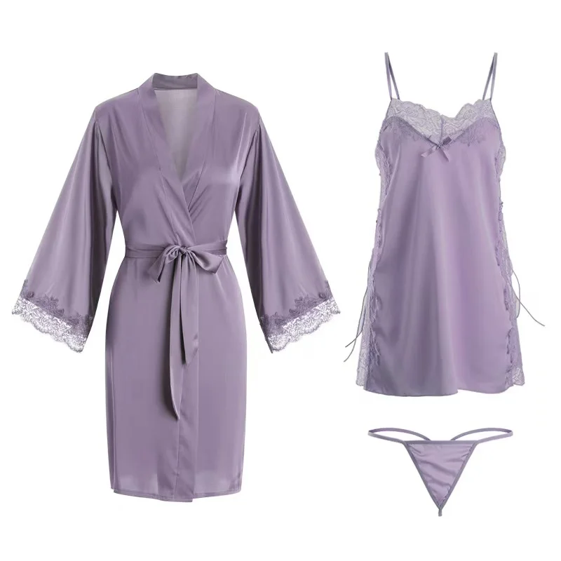 Spring Summer Casual Silk Satin V Neck Women's Robe Breathable Solid Pattern 100% Silk OEM