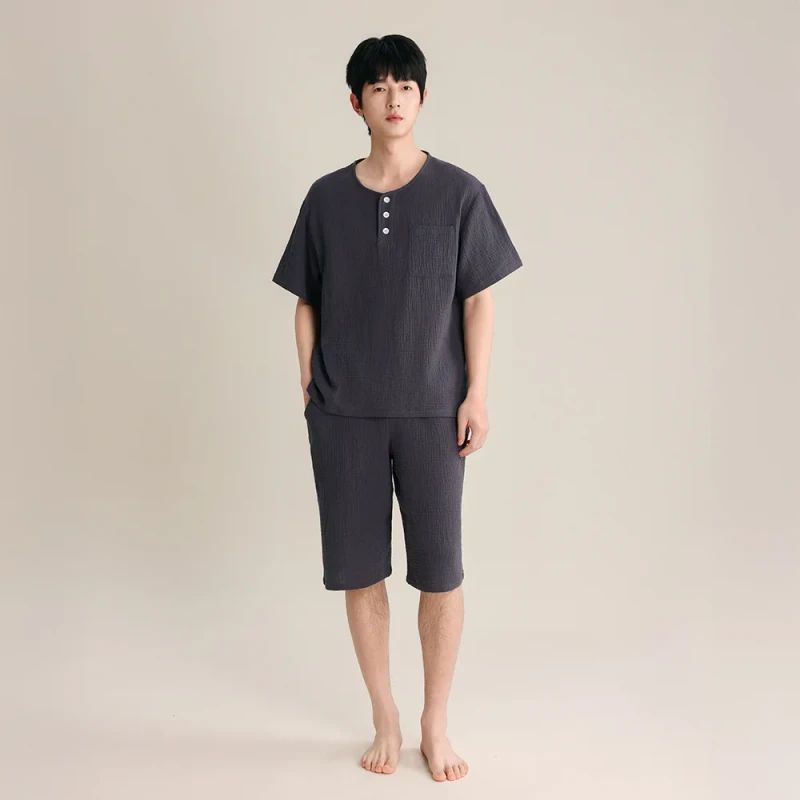 Spring Summer Men's Double layer Gauze Cotton Solid Breathable Cool Comfortable Pajamas Neck Button Short sleeved Shorts