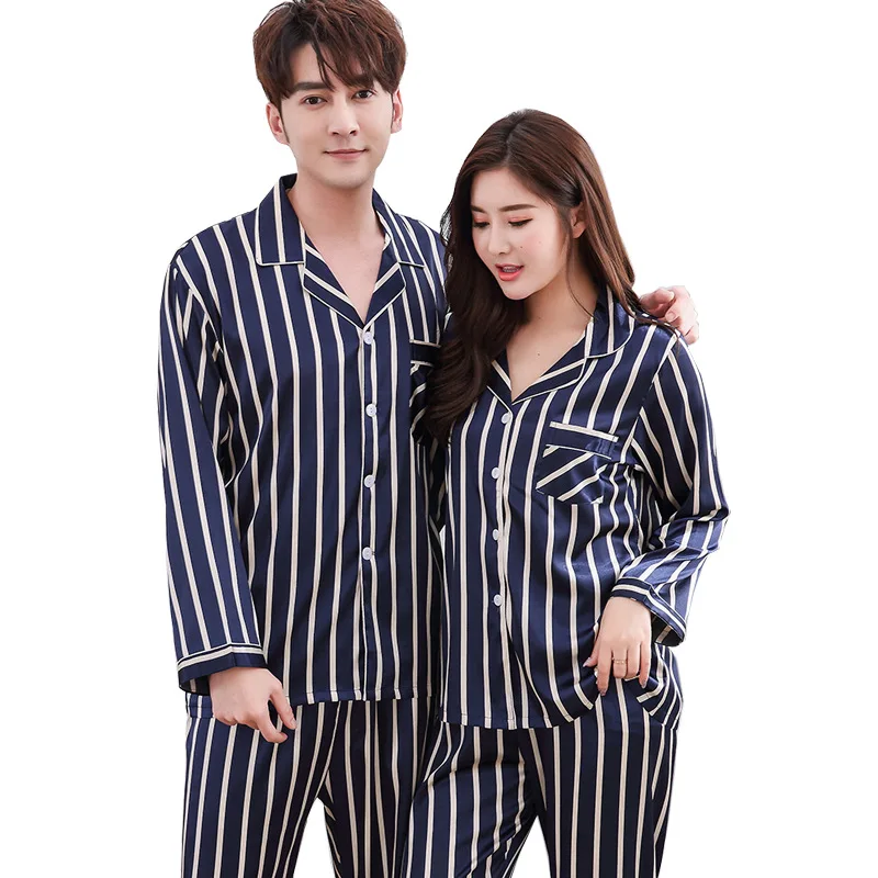 Spring/Summer New Couple Pajamas Women's & Men's Long Sleeve Satin Ice Silk Simple Casual Set