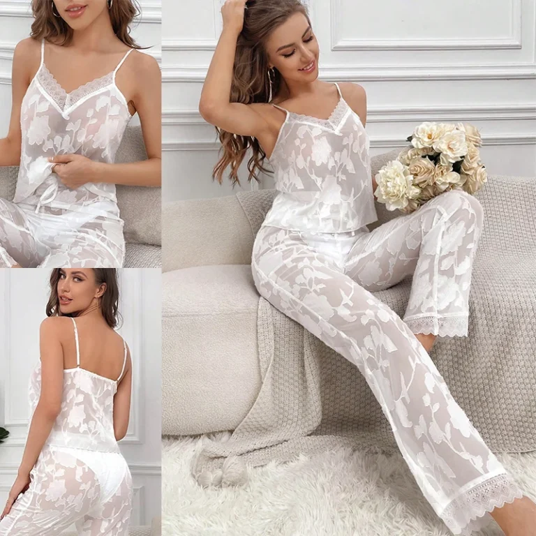 Spring-Summer-New-Elegant-Sexy-Women-Lingerie-Set-White-Sheer-Lace-Camisole-Long-Pants-Spaghetti-Straps-Custom