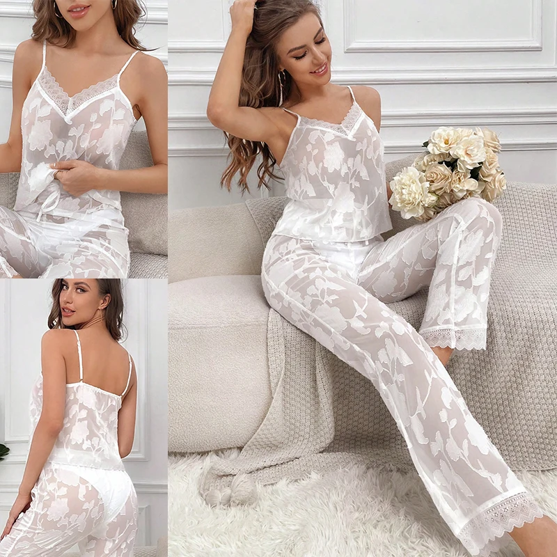 Spring Summer New Elegant Sexy Women Lingerie Set White Sheer Lace Camisole Long Pants Spaghetti Straps Custom
