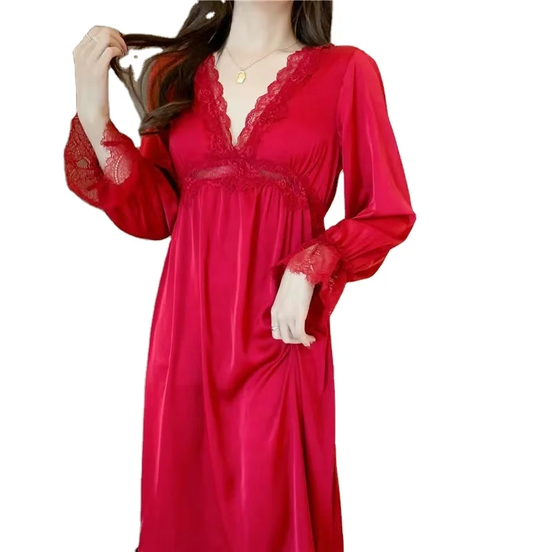 Spring Summer One Piece Ice Silk Vintage Nightgowns Long Sleeves Home Wear Dress Silk Satin Lace Nightwear