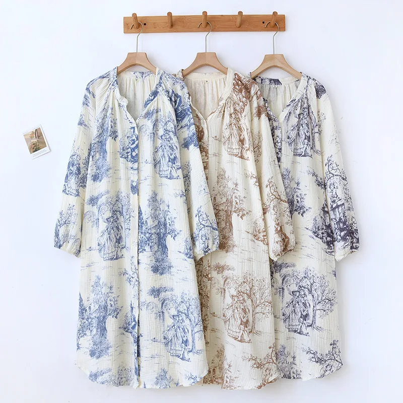 Spring Summer Pure Cotton Breathable Nightdress Women's Yarn Double Gauze V neck Outer Wearing Simple Mid length Home