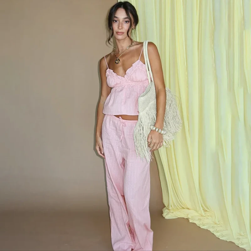 Spring Summer Striped Breathable Loose Comfortable Cotton Pajamas Jacquard Suspender Trousers Front Two-piece Women's Set
