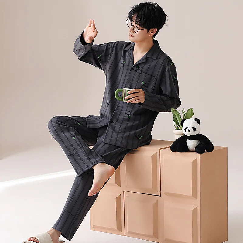 Spring and Autumn 2 Pieces Cotton Pajamas Men's Long Sleeves Pajamas Set Home Wear for Men