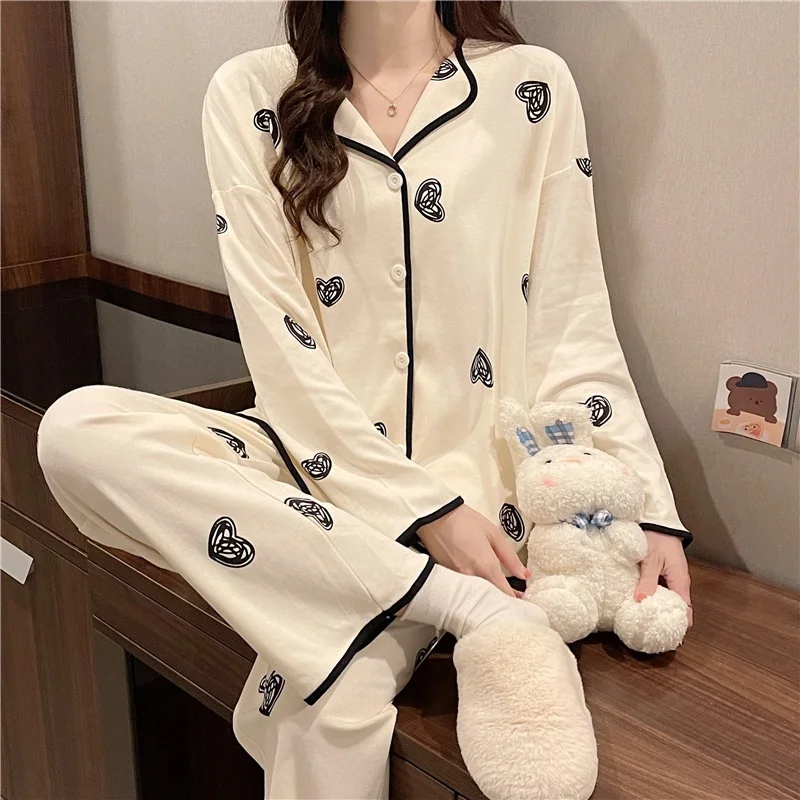 Spring and Autumn Breathable Thin Long sleeve V neck Pajama Women's New Cute Cardigan Loungewear Loose Two piece Set