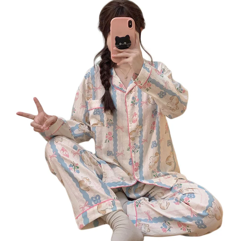 Spring and Autumn Cartoon Printing Long Sleeve Long Pants Pajamas Women's Clouds Cotton Can Be Worn Out Homewear