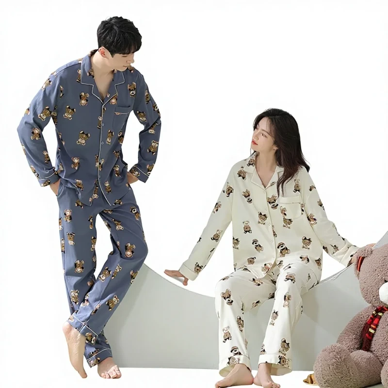 Spring and Autumn Couple Pajamas Pure Cotton Long Sleeved Men's Pajama Sets Adults Sleepwear Nightwear