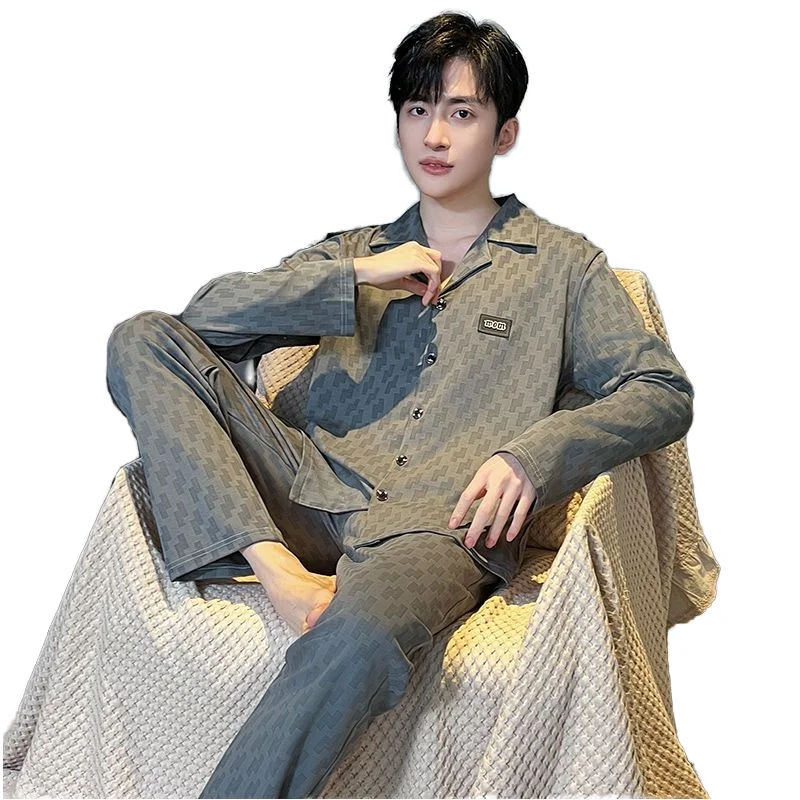 Spring and Autumn Men's Cotton Lapel Long Sleeve Trousers Pajamas Set Men's Casual Pajamas Home Wear
