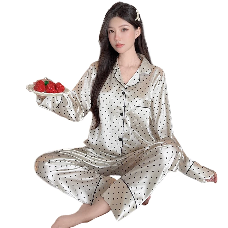 Spring and Summer Black Polka Dot Pajamas Women's Long sleeved Long Pants Simple Homewear Suit