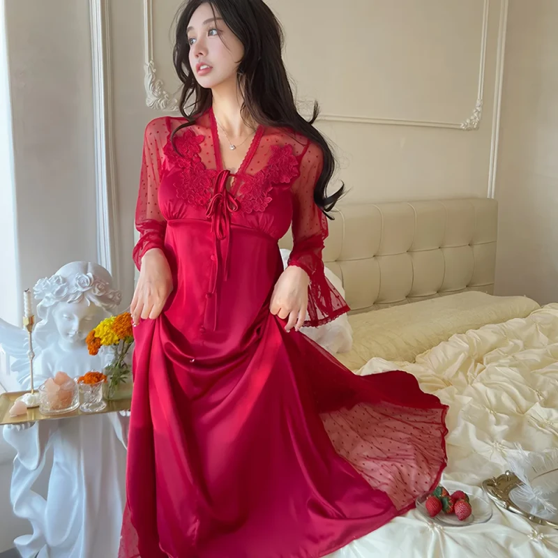 Spring and Summer Ice Silk Nightdress Women Thin Ice Silk Long Skirt Net Gauze Backless Long sleeved Dress