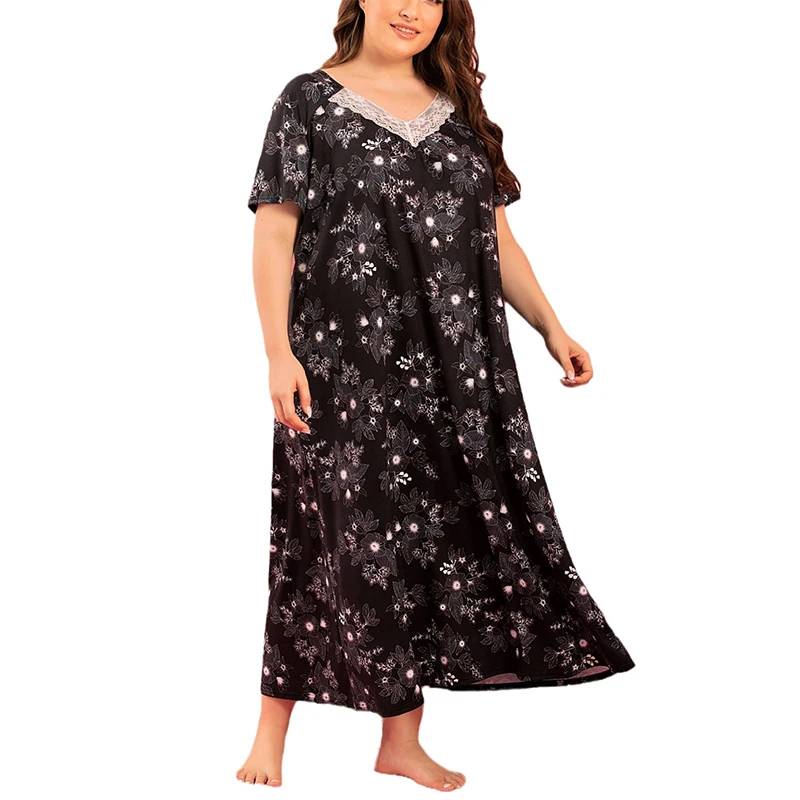Spring and Summer Large Size Women's Loungewear Pajamas V-Neck Lace Splicing Short Sleeve Long Dress Home Pajamas