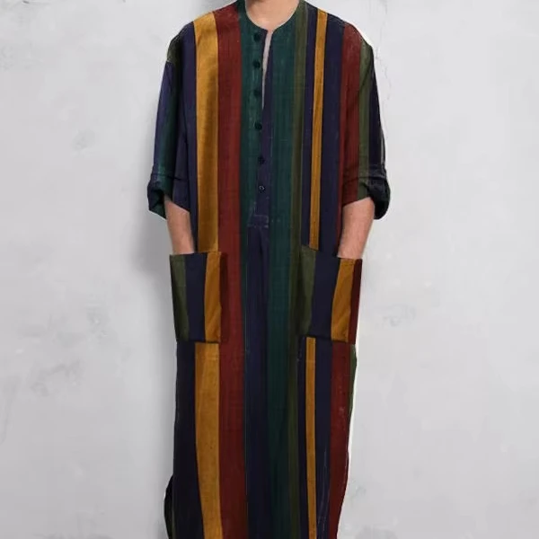 Spring and Summer Middle Eastern Clothing Long Sleeved One Piece Arabic Striped Printed Muslim Men's Robe