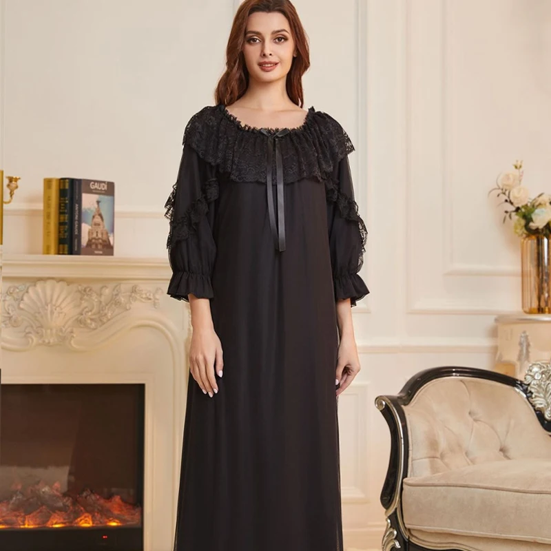 Spring and Summer Palace Style Plus Size Long Sleeved Sweet Princess Sexy Nightdress for Women