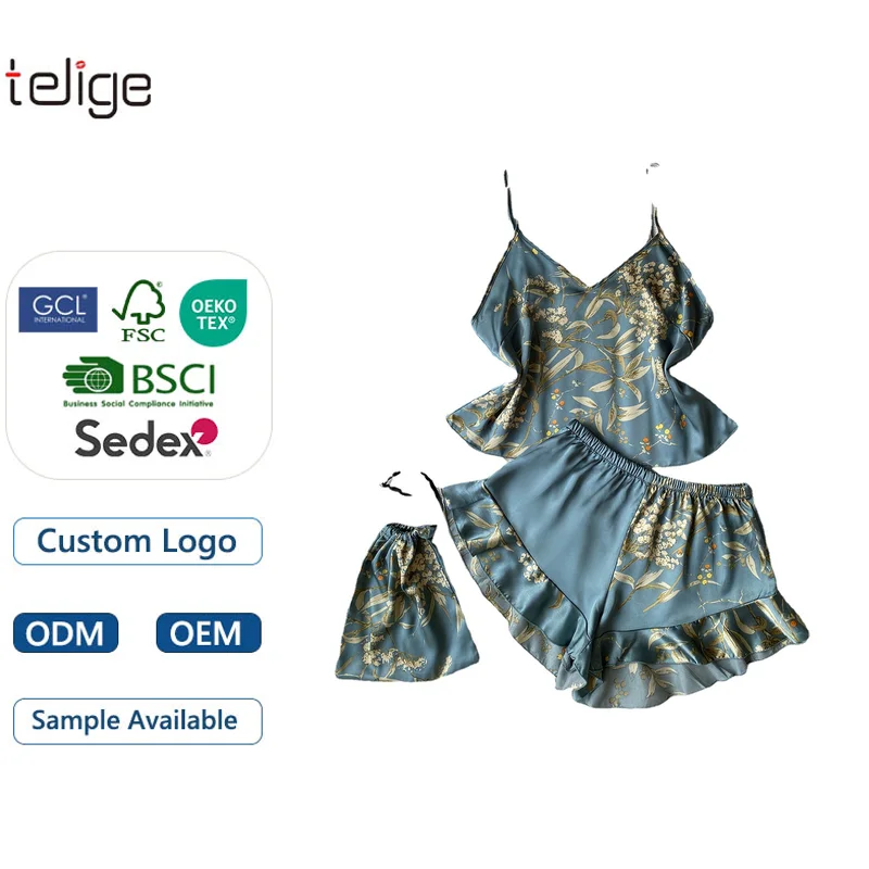 Spring and Summer Silk Pajamas Two-piece Set Sexy Camisole Skirt Women's Printed Shorts Home Suit Set