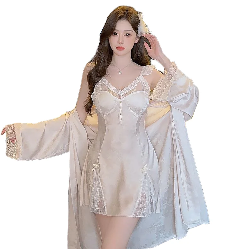 Spring and Summer Thin Women's Nightwear with Breast Cushion Halter Nightdress Lace Sexy Ice Silk Two Piece Pajamas