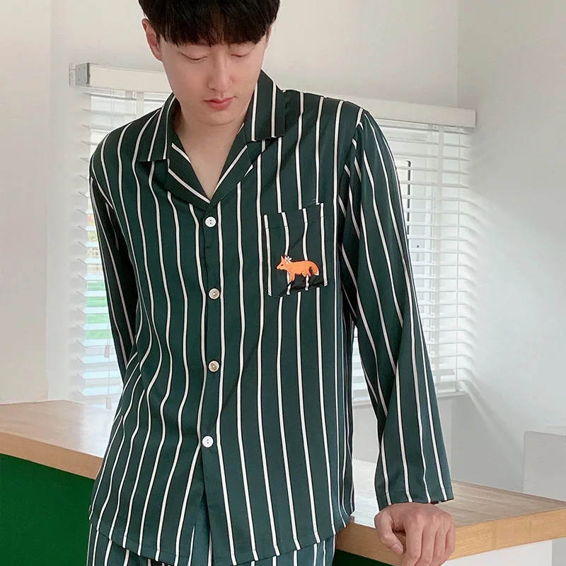 Spring and autumn Silk men's pajamas men's long-sleeved casual lapel loose striped home pajamas suit